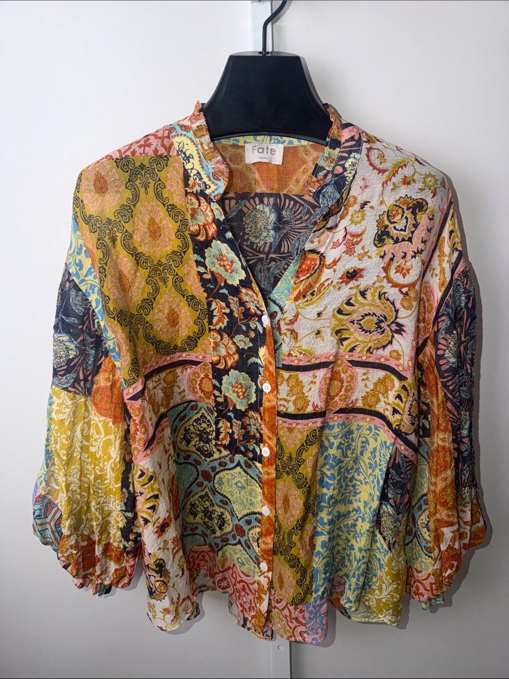Fate Multicolor Patchwork Button-Front Blouse - Yellow/Orange/Blue